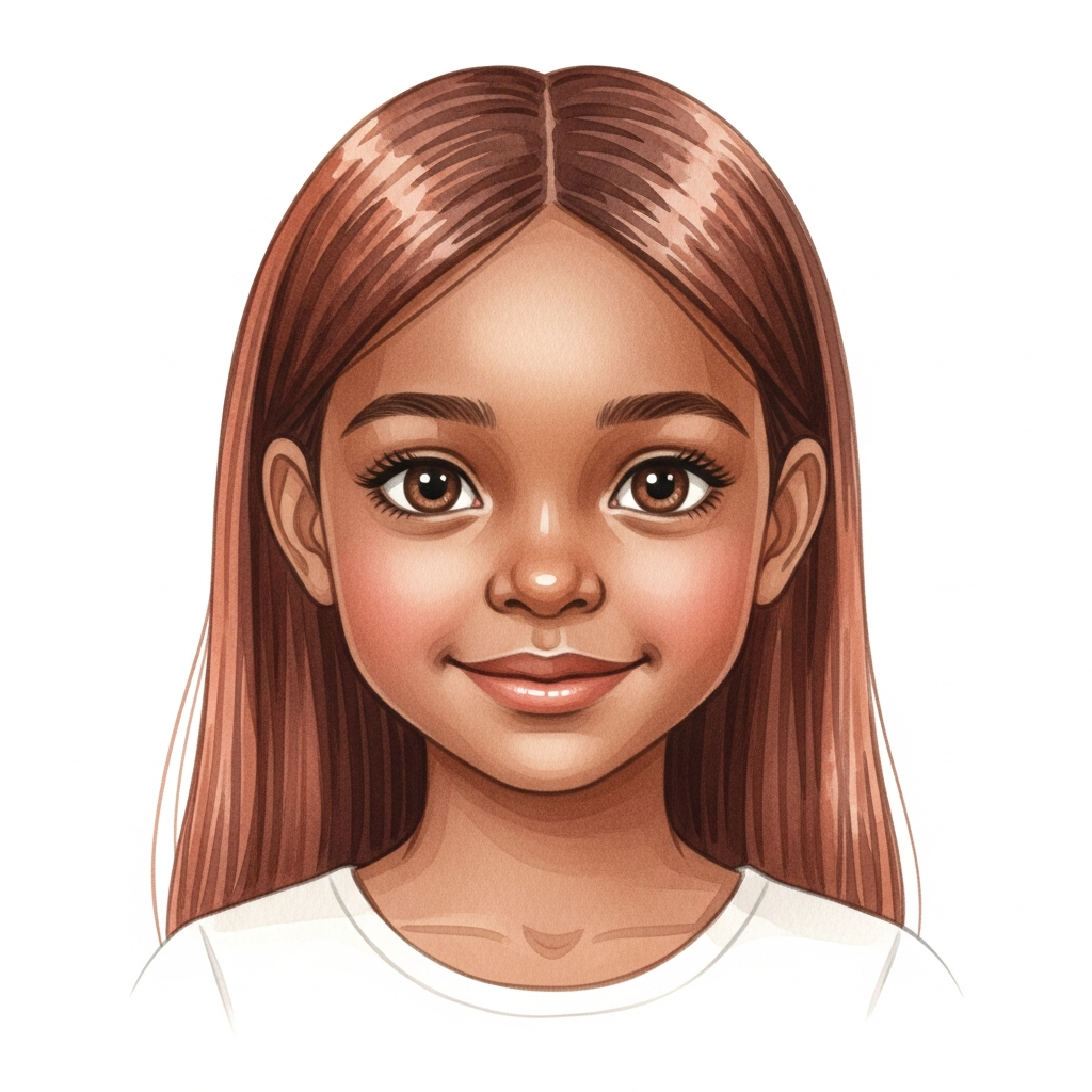 dark brown skin, auburn long straight hair