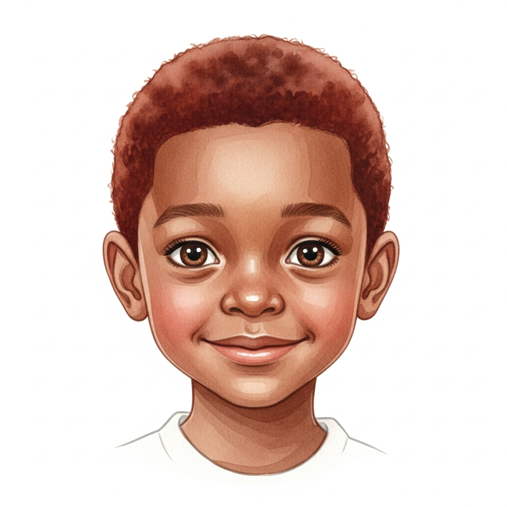 dark brown skin, auburn short hair