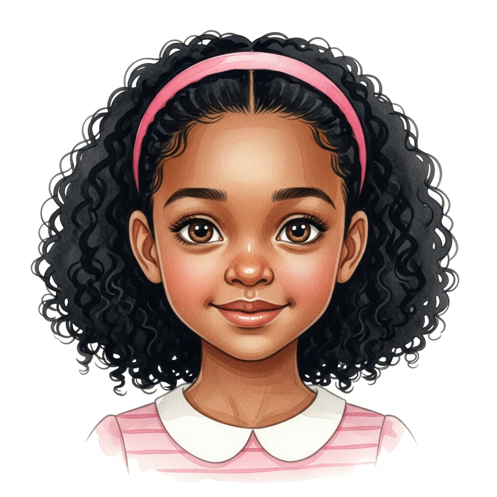 dark brown skin, black curly hair