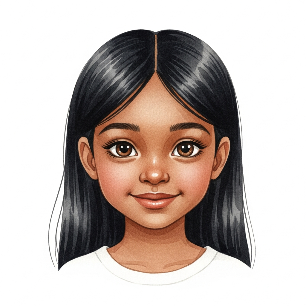 dark brown skin, black long straight hair