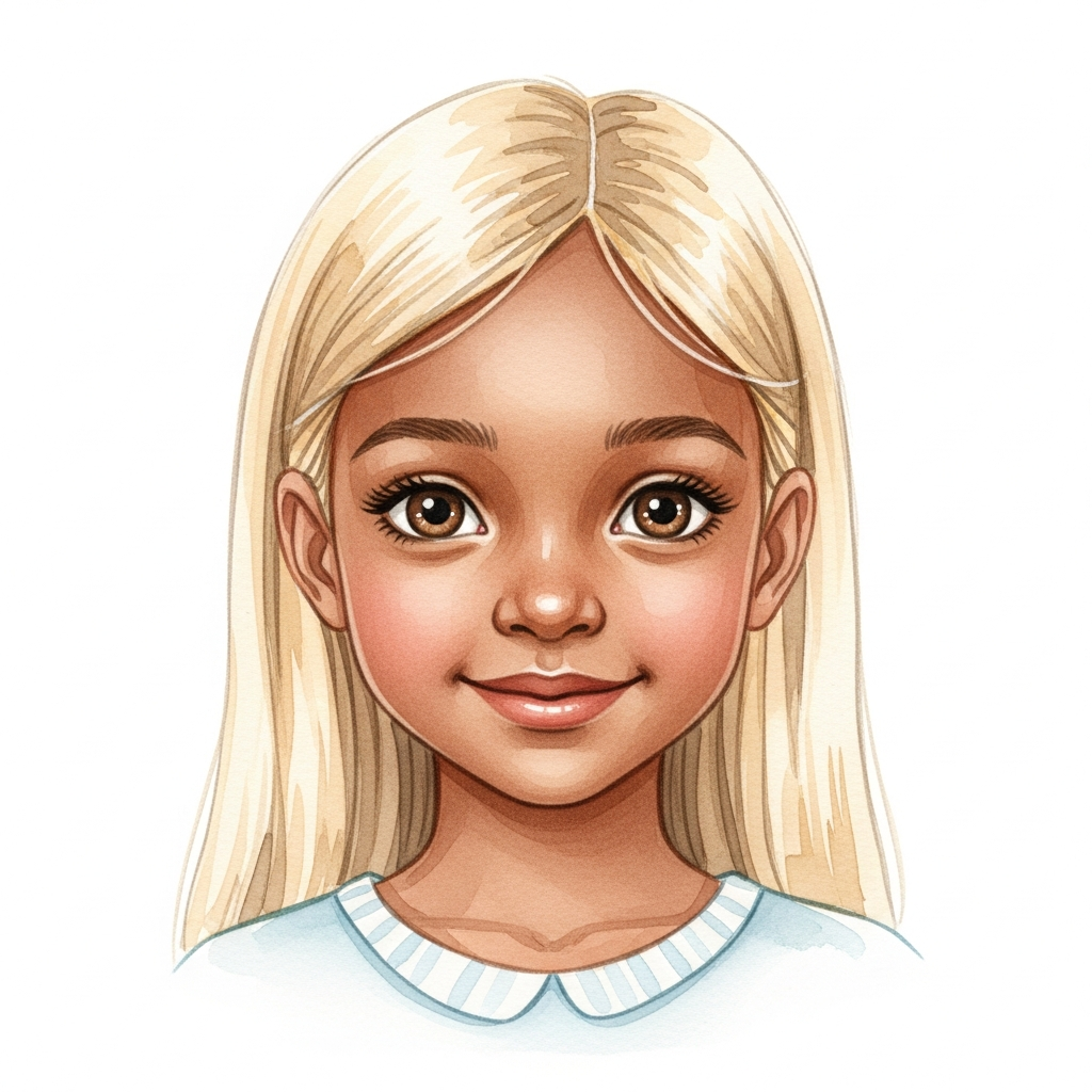 dark brown skin, blonde long straight hair