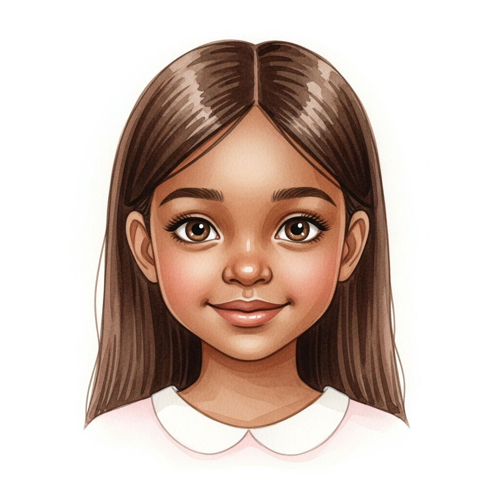 dark brown skin, brown long straight hair