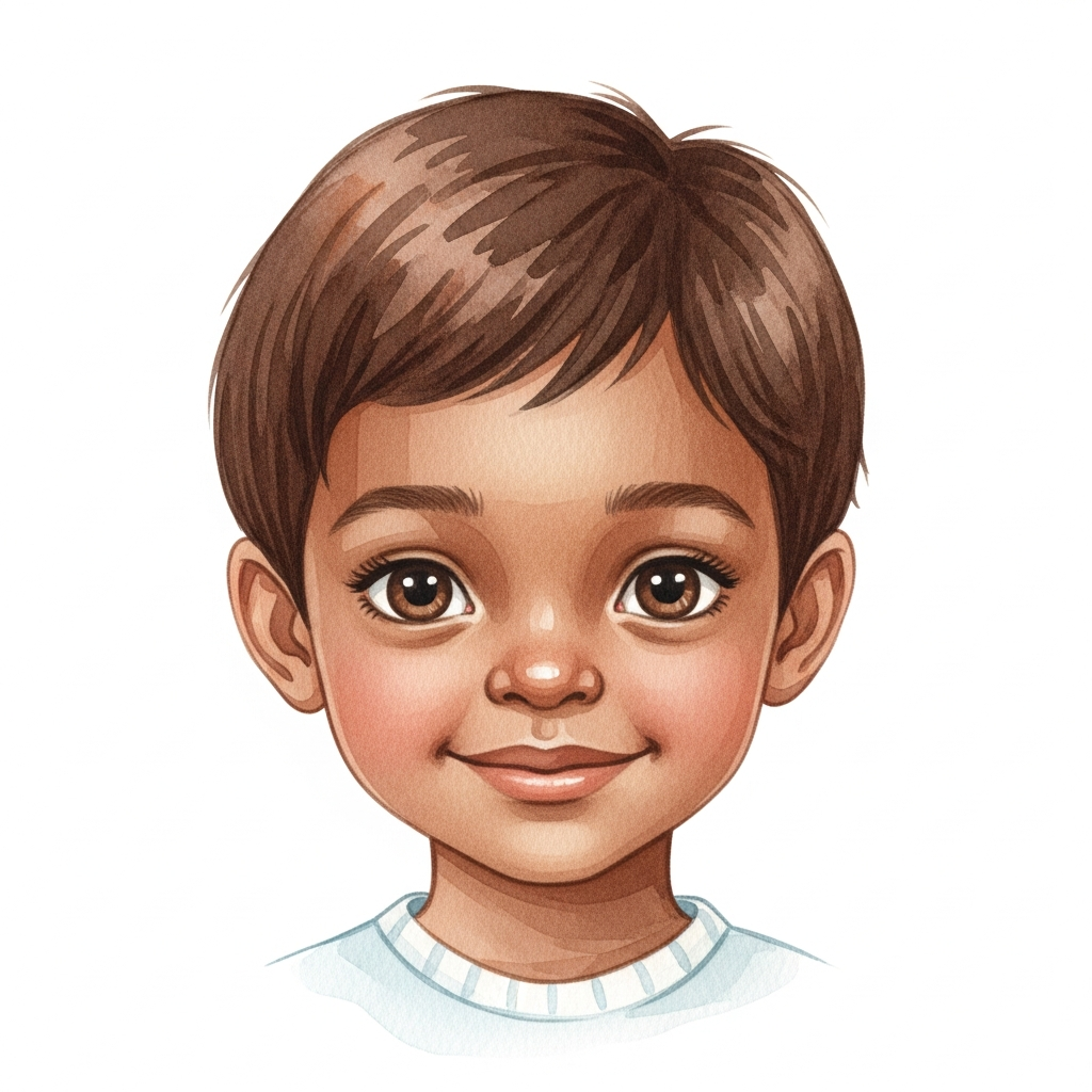 dark brown skin, brown short hair