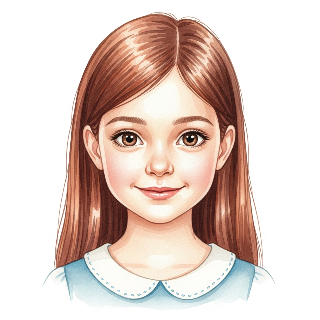 light skin, auburn long straight hair