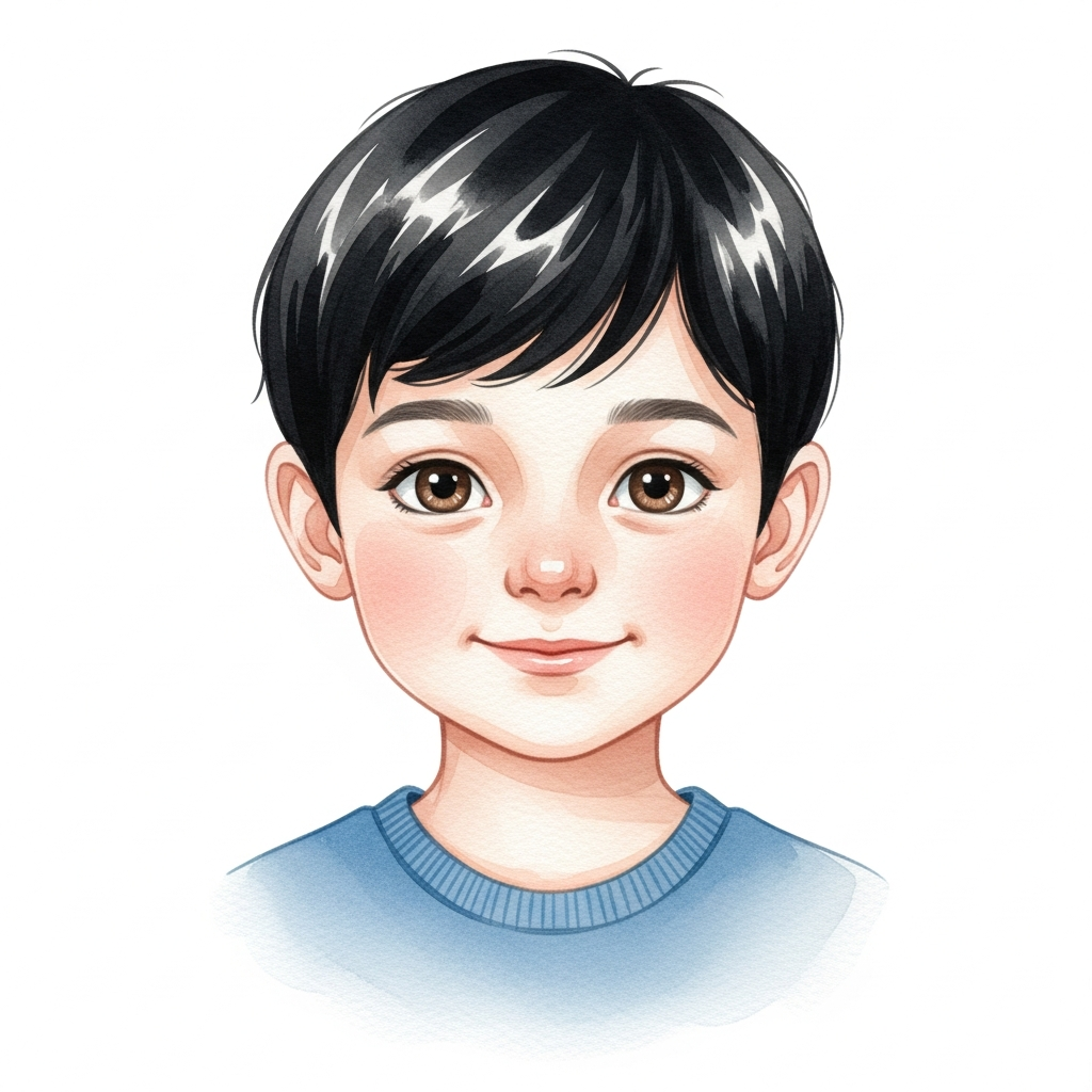 light skin, black short hair