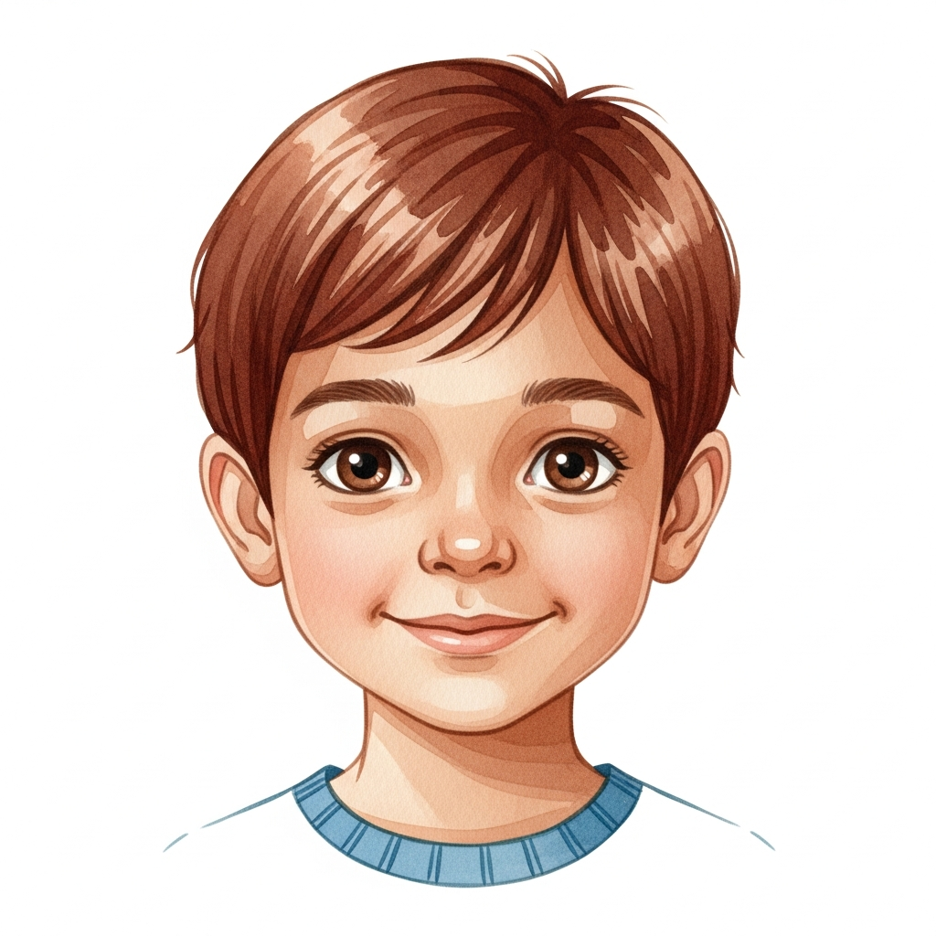 medium brown skin, auburn short hair