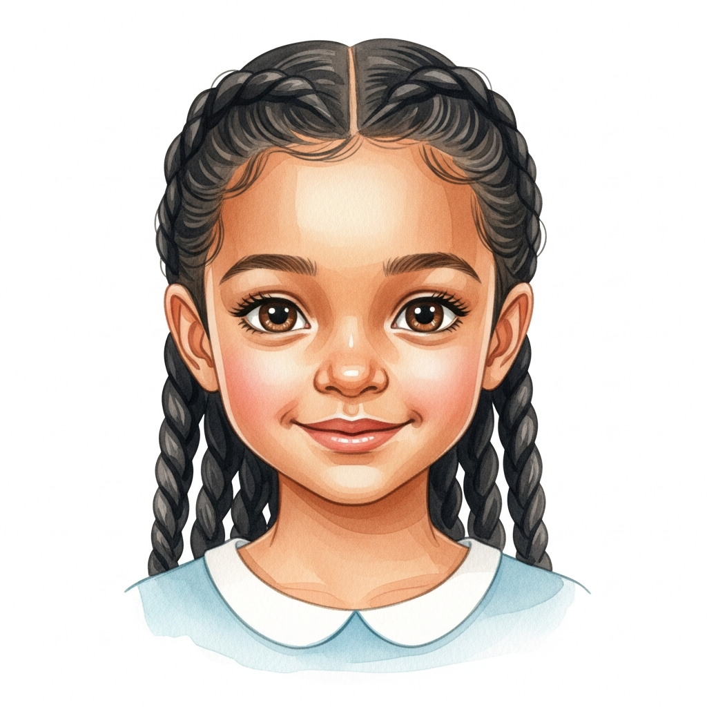 medium brown skin, black braids hair