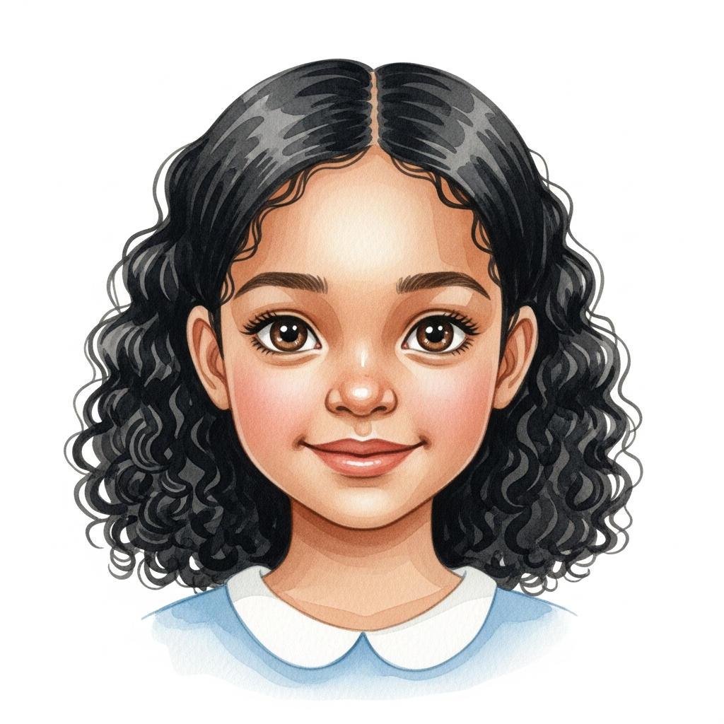 medium brown skin, black curly hair