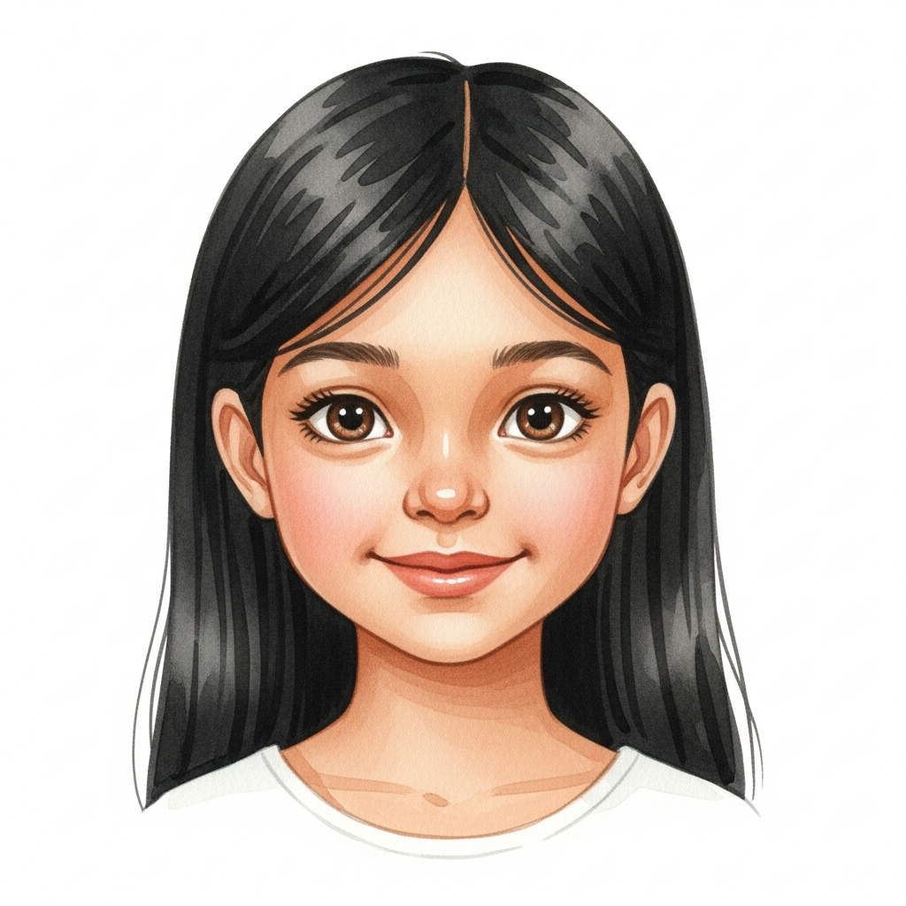 medium brown skin, black long straight hair