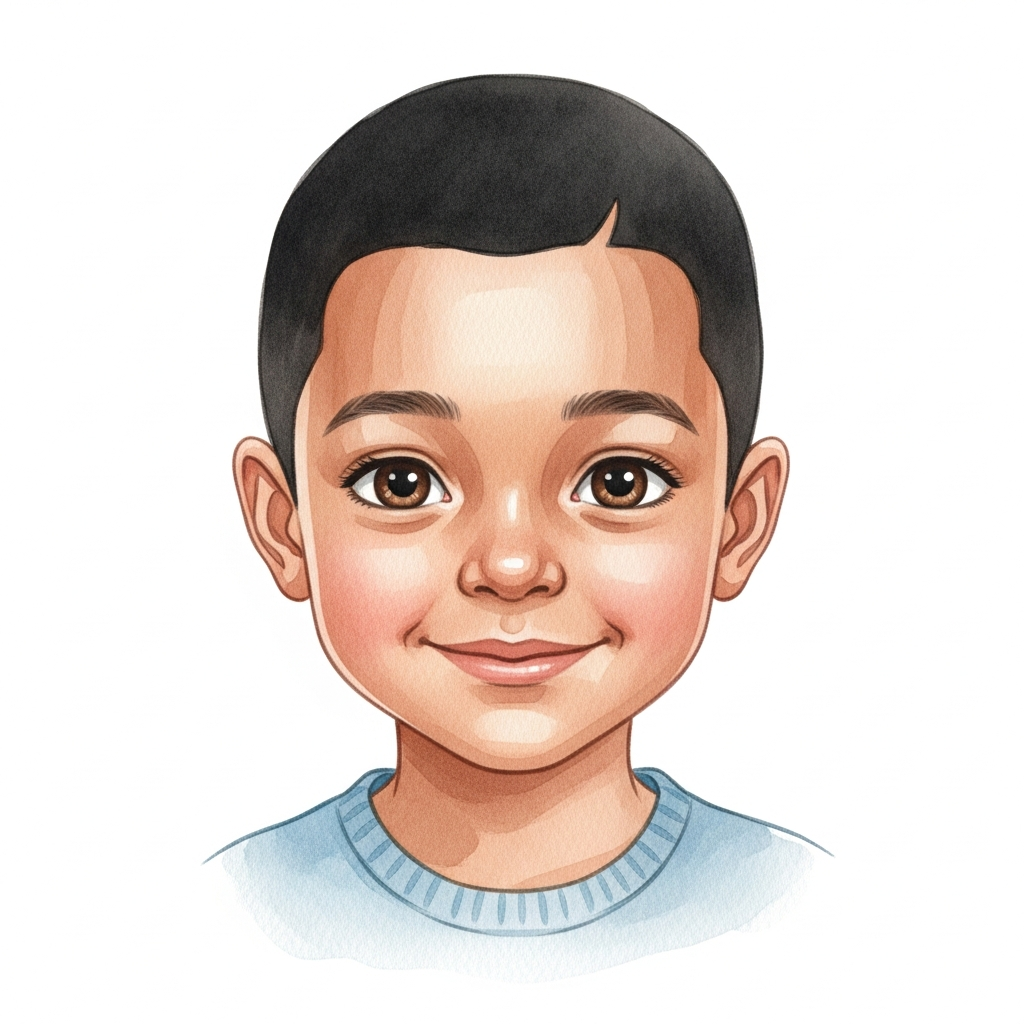 medium brown skin, black short hair