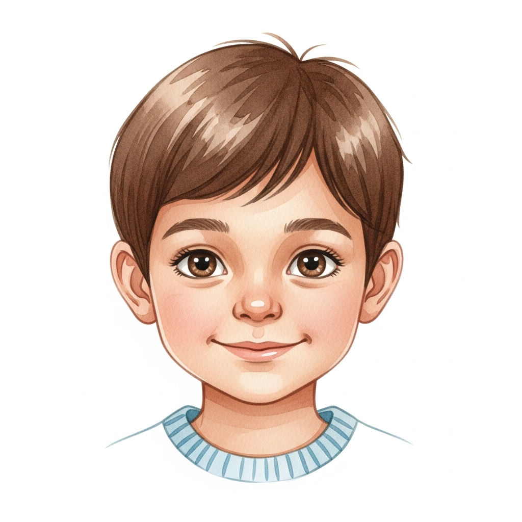 medium brown skin, brown short hair