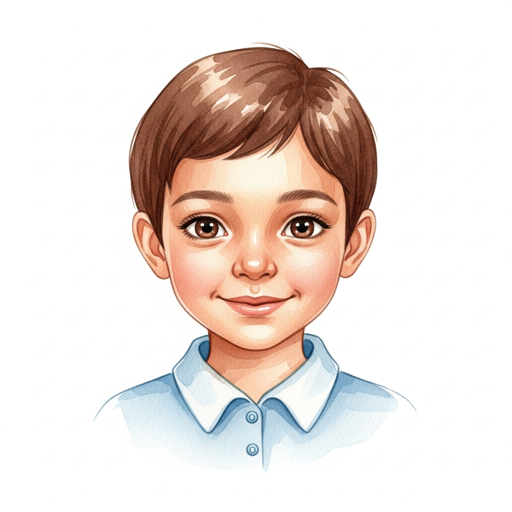 medium brown skin, brown short hair