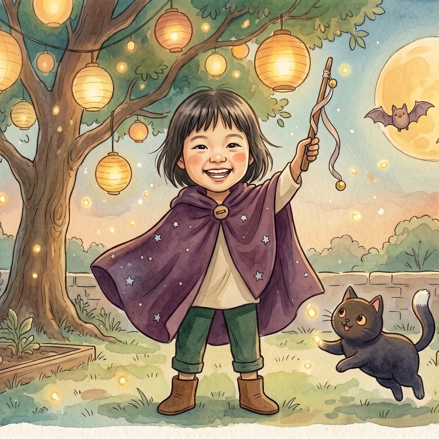 A child in a starry cloak casting a first spell under garden lanterns