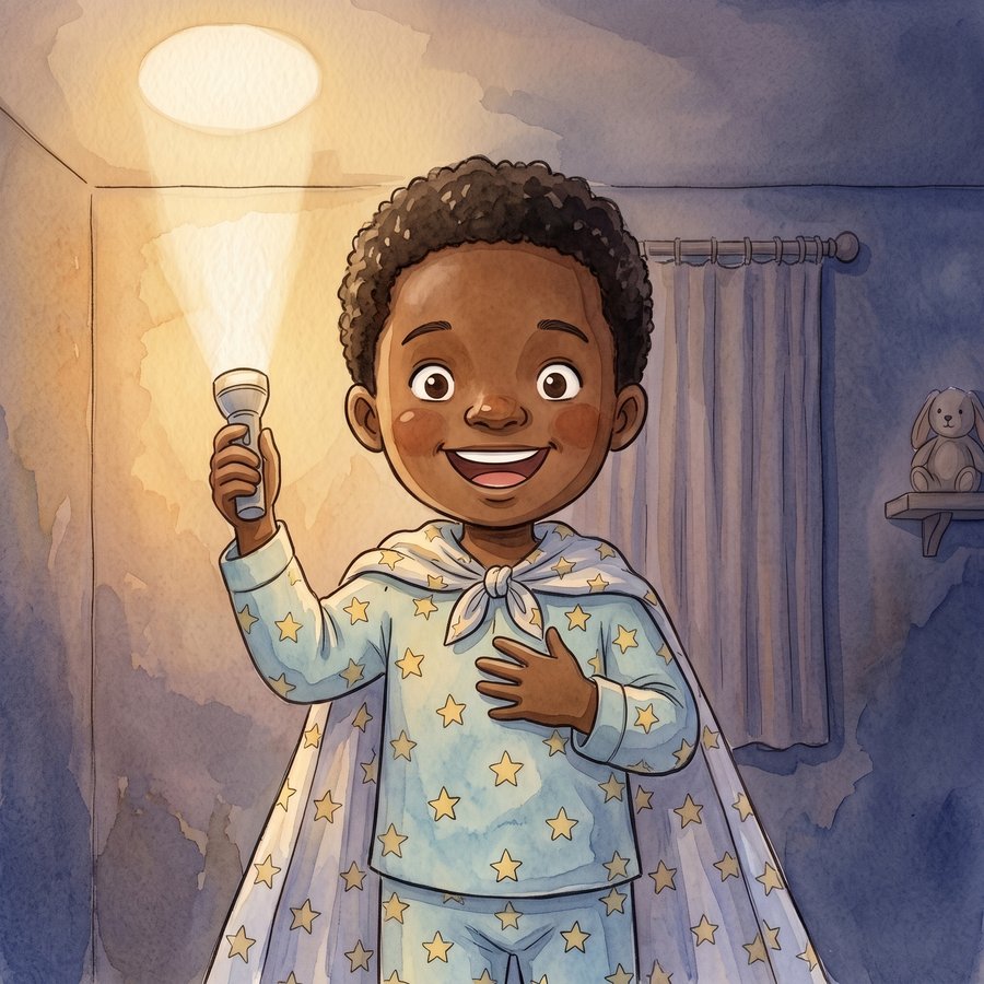 A child in star pajamas holding a flashlight up bravely