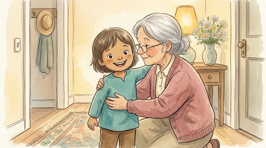 A child hugging their grandmother — art from the Things I Love About Grandma & Grandpa storybook theme