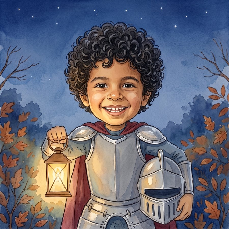 A child in knight's armor holding a lantern at dusk