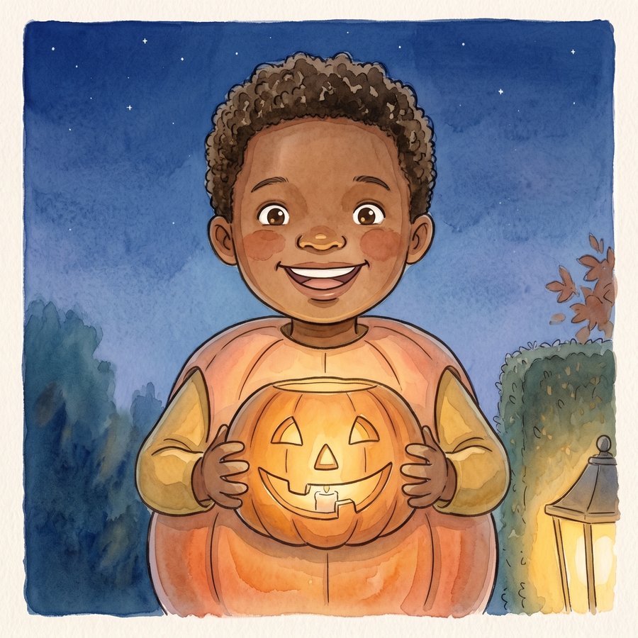 A child illustrated as the hero of their own Halloween storybook, holding a glowing jack-o'-lantern