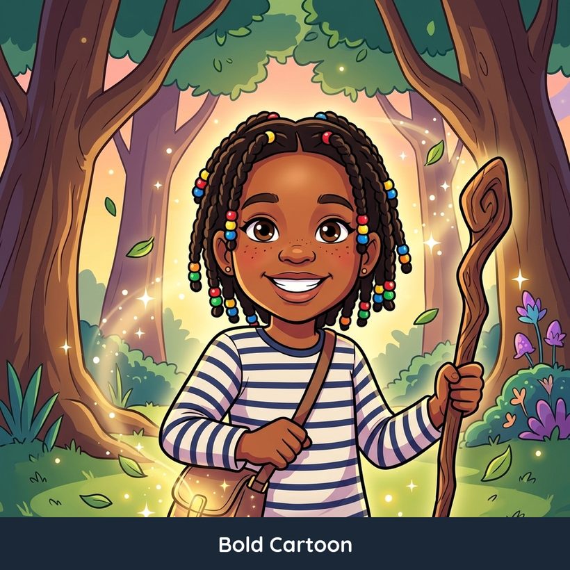 The same child illustrated in a bold cartoon style